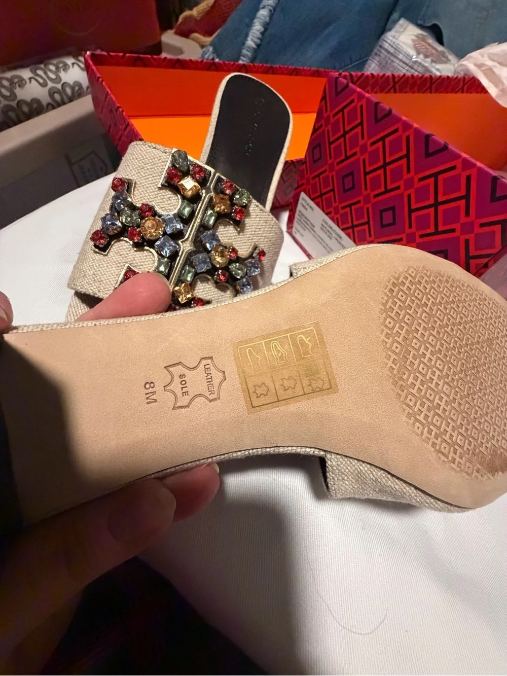 TORY BURCH INES EMBELLISHED LINEN & LEATHER MULES size 8